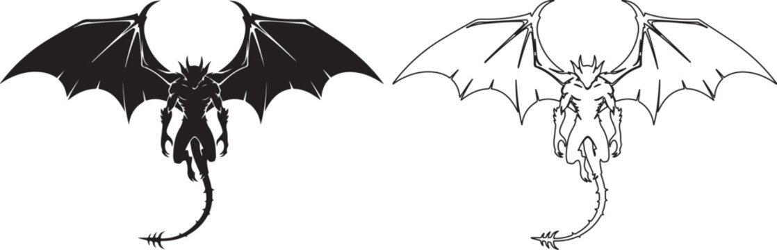 Fantasy creature silhouette: a winged dragon or gargoyle, shown in both solid black and outline versions for versatility.