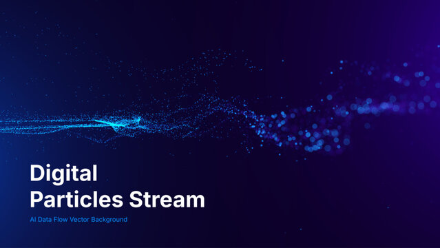 Abstract Particles Flow Science Research Presentation Background. Dynamic Digital Particle Stream Abstract AI Data Flow Concept for Tech, Science and Innovation Design. Vector Illustration.