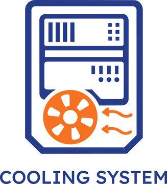 Professional flat vector icon of a computer cooling system featuring a blue server tower case with an orange rotating fan and airflow symbols for technology