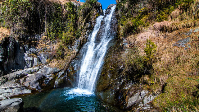 Lapas waterfall is walking distance from Lapas village in Barot valley Himachal Pradesh , India
