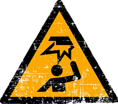 Grunge overhead obstacle warning sign worn scratched ISO 7010 W020 hazard symbol