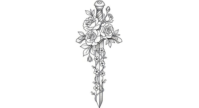 Floral dagger illustration black and white.