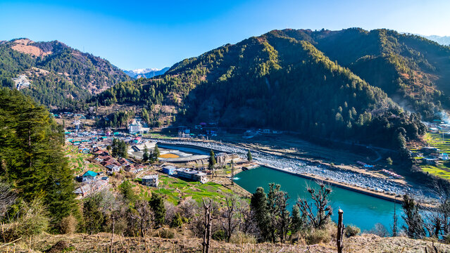 Aerial view of Barot. Barot valley small hillstation that sits next to Uhl river in Himachal Pradesh, India