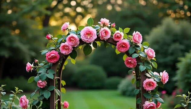 A garden trellis covered in climbing roses 