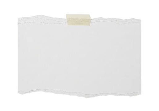 A torn piece of white paper with a small beige tape on a plain background.