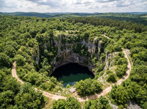 Aerial view of the Macocha Abyss, a dramatic sinkhole with a dark lake at the bottom, surrounded by lush green forest.