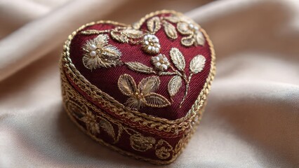 Naklejka premium Elegant Vintage Heart Shaped Jewelry Box with Red Velvet and Gold Embroidery on Soft Silk Fabric Background for Romantic Gift, Wedding, or Anniversary