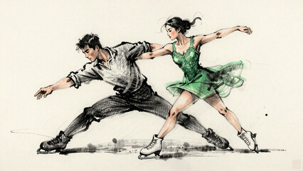 Eislaufen als Paar, sw, Illustration