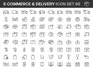 80 E-commerce, Online Shopping and Delivery Simple Outline Icons