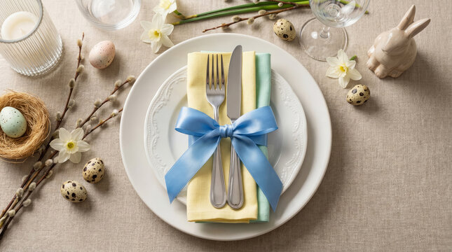 Elegant Easter Table Setting with Colorful Eggs Display.