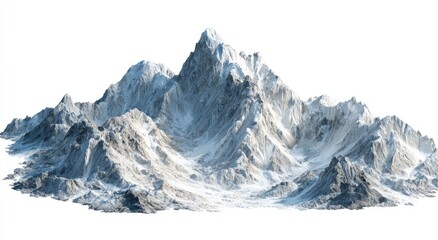 A majestic snow-covered mountain range, isolated on white. Rugged terrain, icy peaks