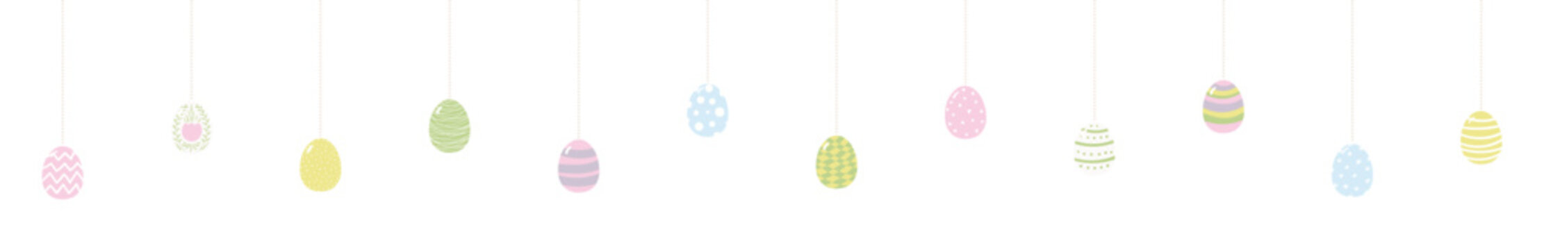 Painted Easter eggs garland, bunting, horizontal border illustration. Holiday clip art, seasonal card, banner, pomster, decoration. Flat hand drawn design element, isolated vector.