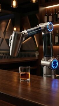 Robotic arm pours drink into glass at modern bar with warm lighting