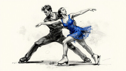 Eiskunstlauf als Paar, Schwarz-wei&szlig;, Illustration