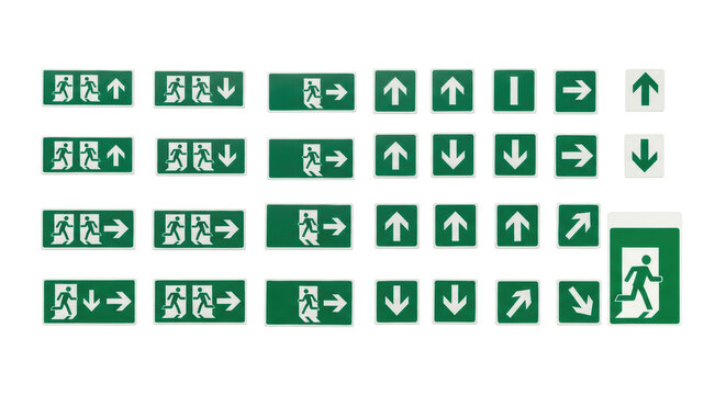 A comprehensive collection of 22 official ISO 7010 emergency exit and safety signs, vibrant green pictograms on white, arranged in an organized grid on a transparent seamless studio background.
