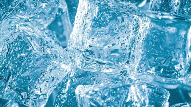 Macro Shot of Refreshing Crystal Clear Ice Cubes with Water Droplets