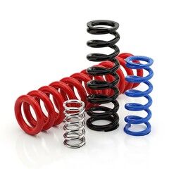 Coil springs in various colors and sizes isolated on white background