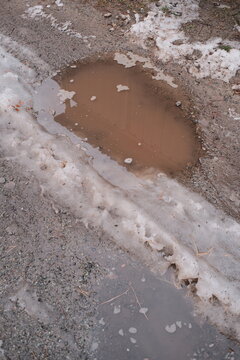 Melting snow forms shallow muddy puddles on a dirt path, reflecting bare trees, with slushy edges, foam patches,