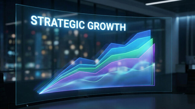 A futuristic holographic graph displays strategic growth trends with rising multicolored lines against a blurred office cityscape background.