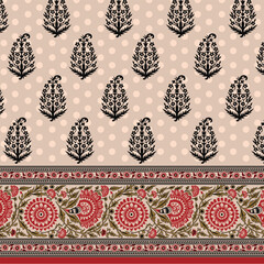 Modern Indian floral paisley pattern with polka dots and border design for textile print for fabric, seamless pattern © motifs_20