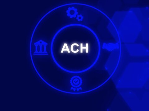 ACH Automated clearing house concept, financial network in the United States that facilitates electronic money transfers. Business, technology, internet and network concept.  Showing ACH icons...