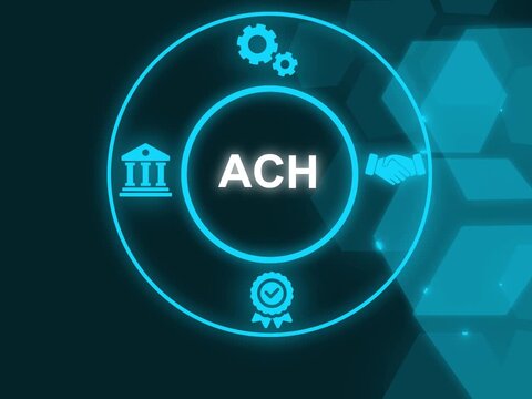 ACH Automated clearing house concept, financial network in the United States that facilitates electronic money transfers. Business, technology, internet and network concept.  Showing ACH icons...