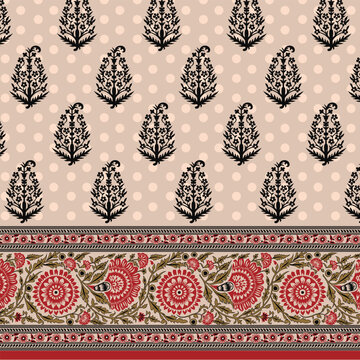 Modern Indian floral paisley pattern with polka dots and border design for textile print for fabric, seamless pattern