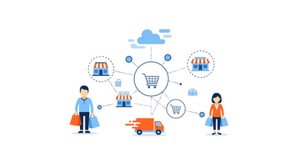 E-commerce Ecosystem: Online Shopping Network, Logistics, and Omnichannel Retail Interconnected Digital Business Concept