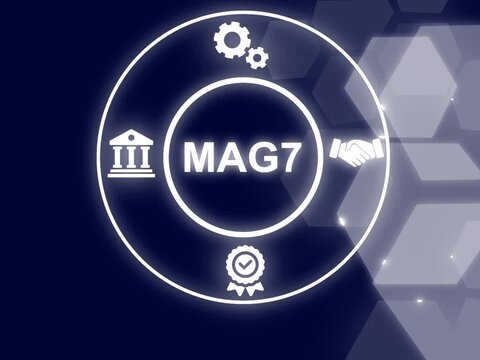 MAG7 acronym. The Magnificent Seven stocks are a group of high performing and influential companies in the U.S. stock market. Business concept background.Showing MAG7 icons on virtual screen.