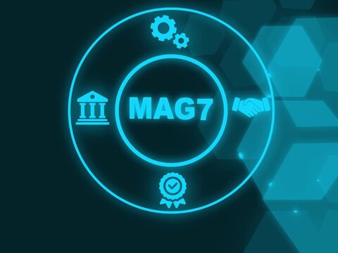 MAG7 acronym. The Magnificent Seven stocks are a group of high performing and influential companies in the U.S. stock market. Business concept background.Showing MAG7 icons on virtual screen.