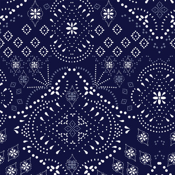 Navy blue and white bandana style seamless pattern with floral and dotted elements for textile print for fabric, seamless pattern