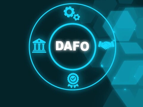 DAFO in Spanish language tradition of SWOT Strengths weaknesses opportunities threads concept. Business concept background. 4K video, Showing DAFO icons on virtual screen. 
