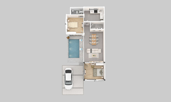 Top view 3D floor plan layout of a modern house with two bedrooms, living area, and private swimming pool.