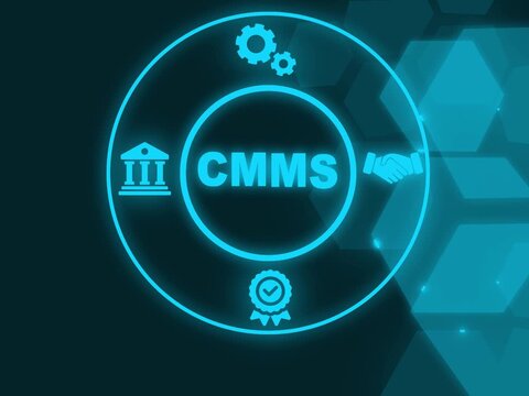 CMMS acronym, computerized maintenance management system concept, software solution designed to streamline. Glowing neon line animated content management system icons isolated on black background.