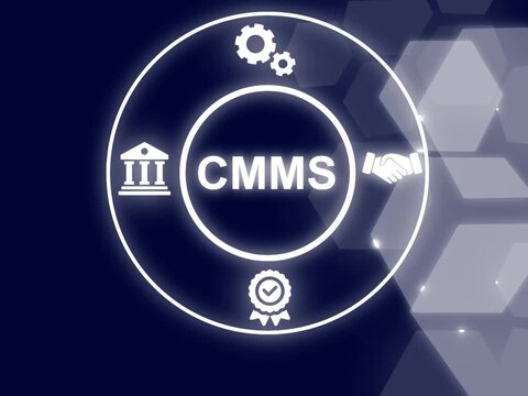 CMMS acronym, computerized maintenance management system concept, software solution designed to streamline. Glowing neon line animated content management system icons isolated on black background.