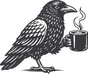 Fototapeta premium Funny raven with cup of coffee