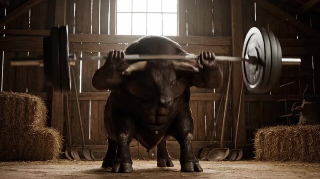 A muscular bull lifts a barbell inside a rustic barn with sunlight illuminating from a window