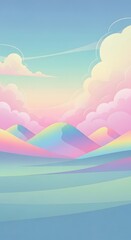 Dreamy pastel landscape, soft lines, gentle colors, fluffy clouds, rainbow mountains, minimalist