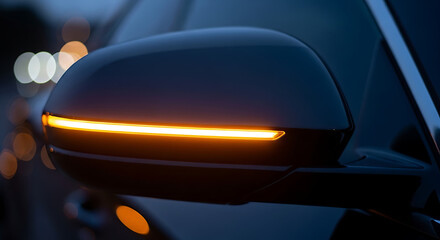 A car's side mirror indicator glowing bright orange in the dark night environment close-up view
