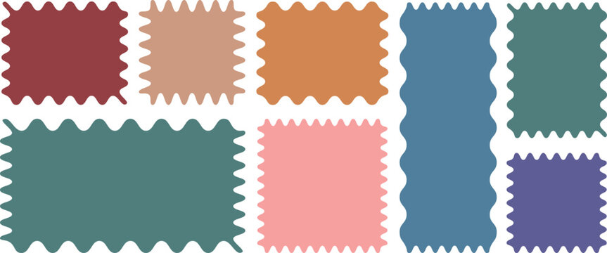 Zigzag wavy edges, rectangles, photo frames, text boxes, tags, labels. Color squiggle stories frames set