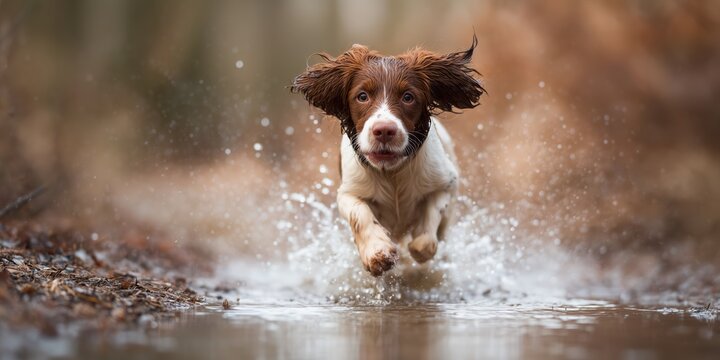 Dog runs through water on a forest path during daytime in early spring