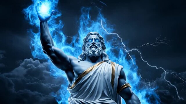 A muscular male figure raises a hand as blue light fills the heavens