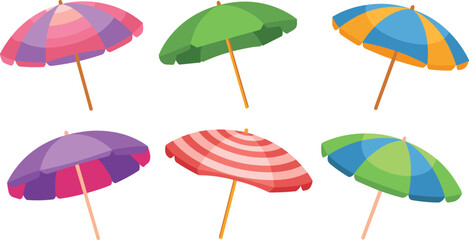 Set of colorful beach umbrellas in flat vector style isolated on background, summer vacation parasols collection for seaside travel, holiday design elements © Robul