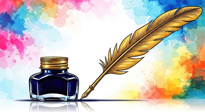 Vintage inkwell and quill pen on colorful background