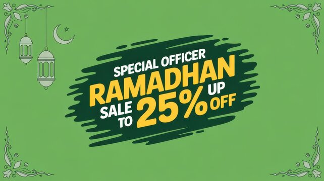 Stylish photo of Special Officer Ramadan Sale banner with 25 percent off discount and traditional lanterns