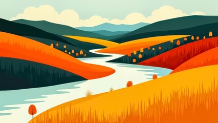 Colorful Autumn Fields And Rivers