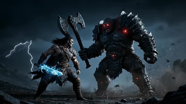 A muscular warrior with long hair faces a massive, monstrous beast in a stormy landscape. A glowing sword illuminates the scene, lightning strikes