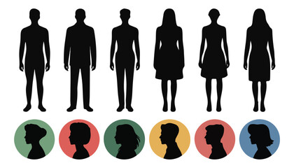 Adult full body silhouettes and colored child head profiles, diverse group on white background © Md
