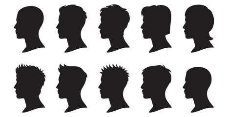 Ten varied head silhouettes in profile, showcasing diverse male and female hairstyles, haircuts, and styles