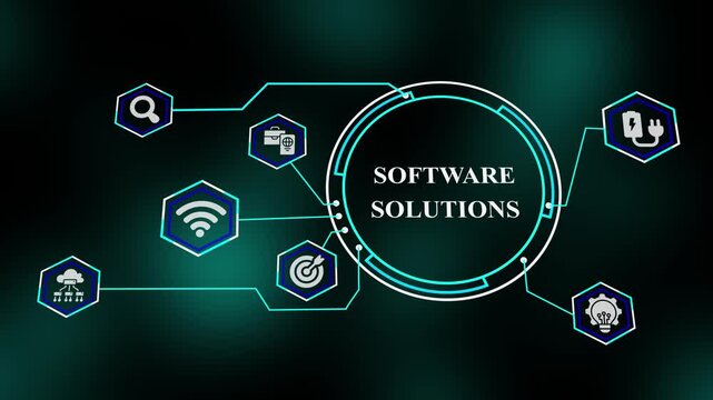 Software Solutions architecture presenting enterprise applications, cloud-based systems, secure data processing, and scalable digital infrastructure.